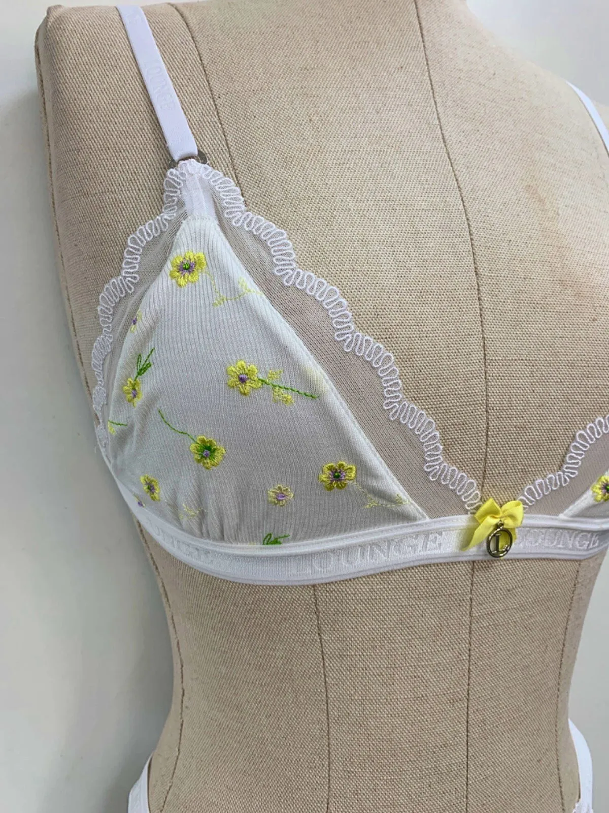 Lounge White Ribbed Floral Lingerie Set S