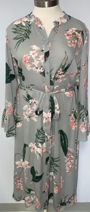 LS FLORAL MIDI SHIRT DRESS