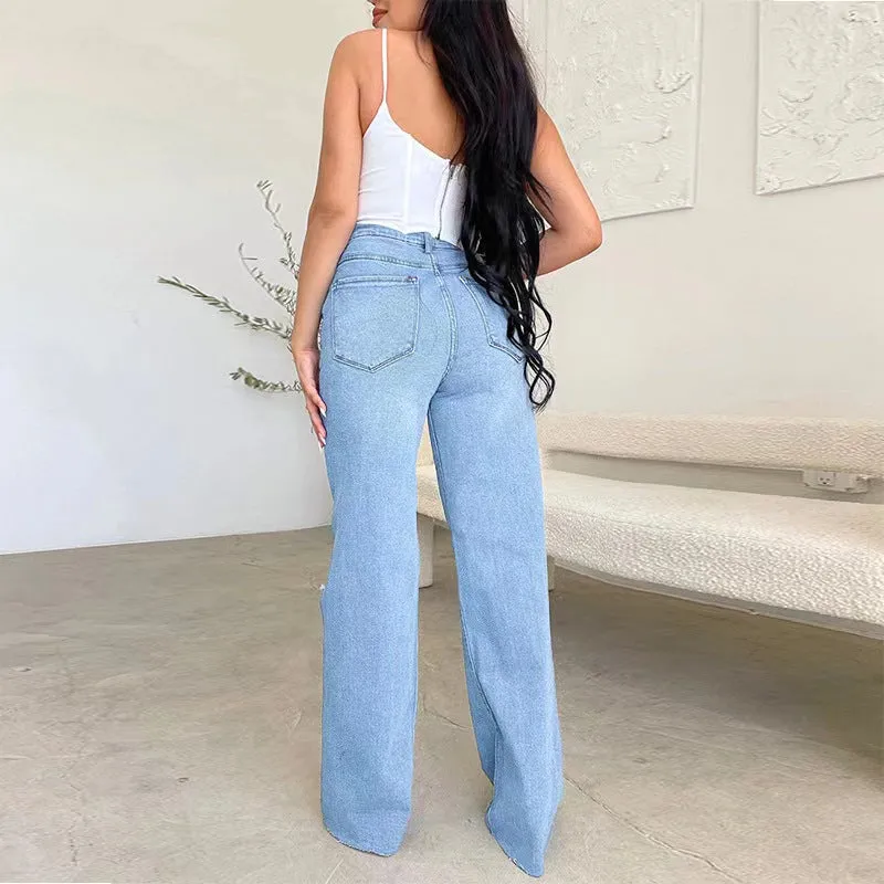 Lt.Blue High Waist Knee Ripped Straight Leg Raw Hem Denim Jeans  - Grace