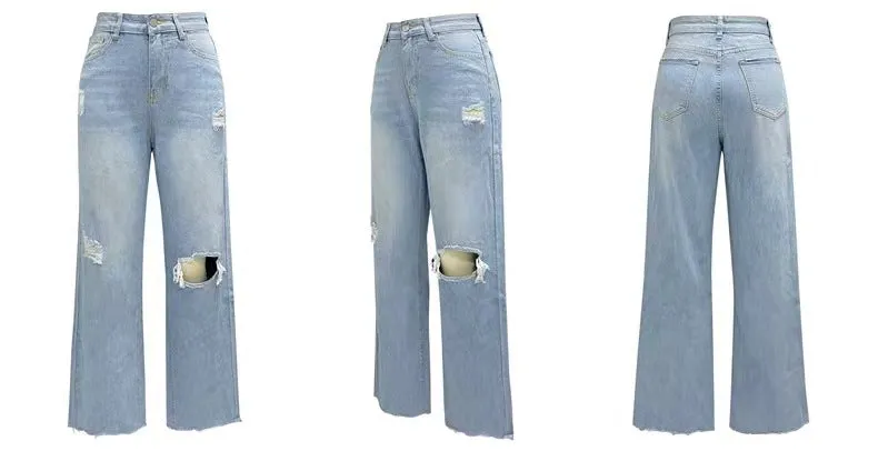 Lt.Blue High Waist Knee Ripped Straight Leg Raw Hem Denim Jeans  - Grace