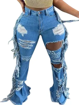 Lucuna Womens Ripped Jeans High Waisted Boyfriend Trendy Fringe Tassel Distressed Jeans Denim Pants
