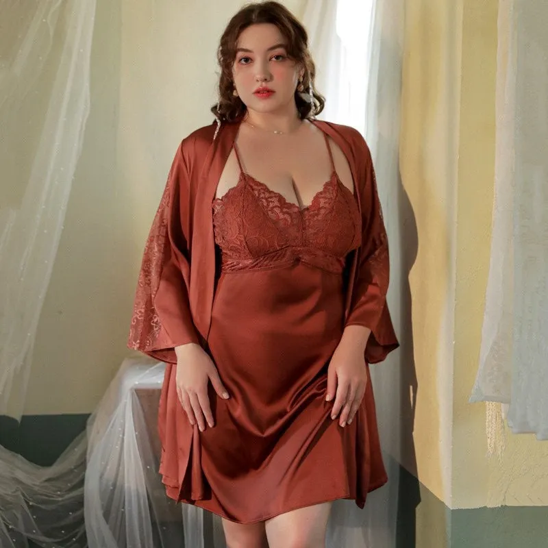 Luxurious Lace Satin Bridal Lingerie Set with Nightgown & Robe - 7 Colors