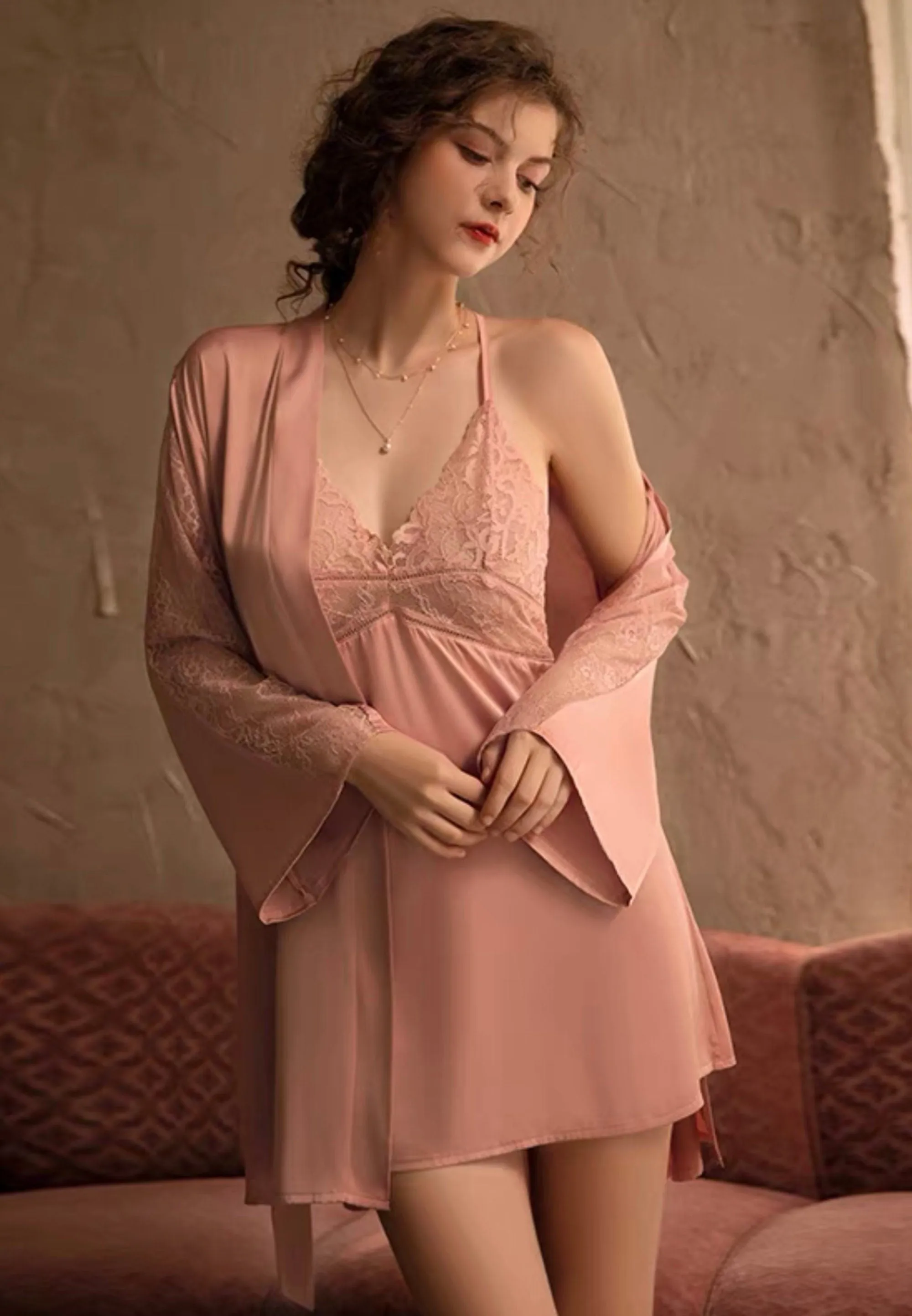 Luxurious Lace Satin Bridal Lingerie Set with Nightgown & Robe - 7 Colors