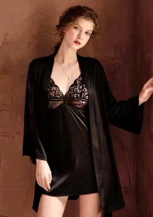 Luxurious Lace Satin Bridal Lingerie Set with Nightgown & Robe - 7 Colors