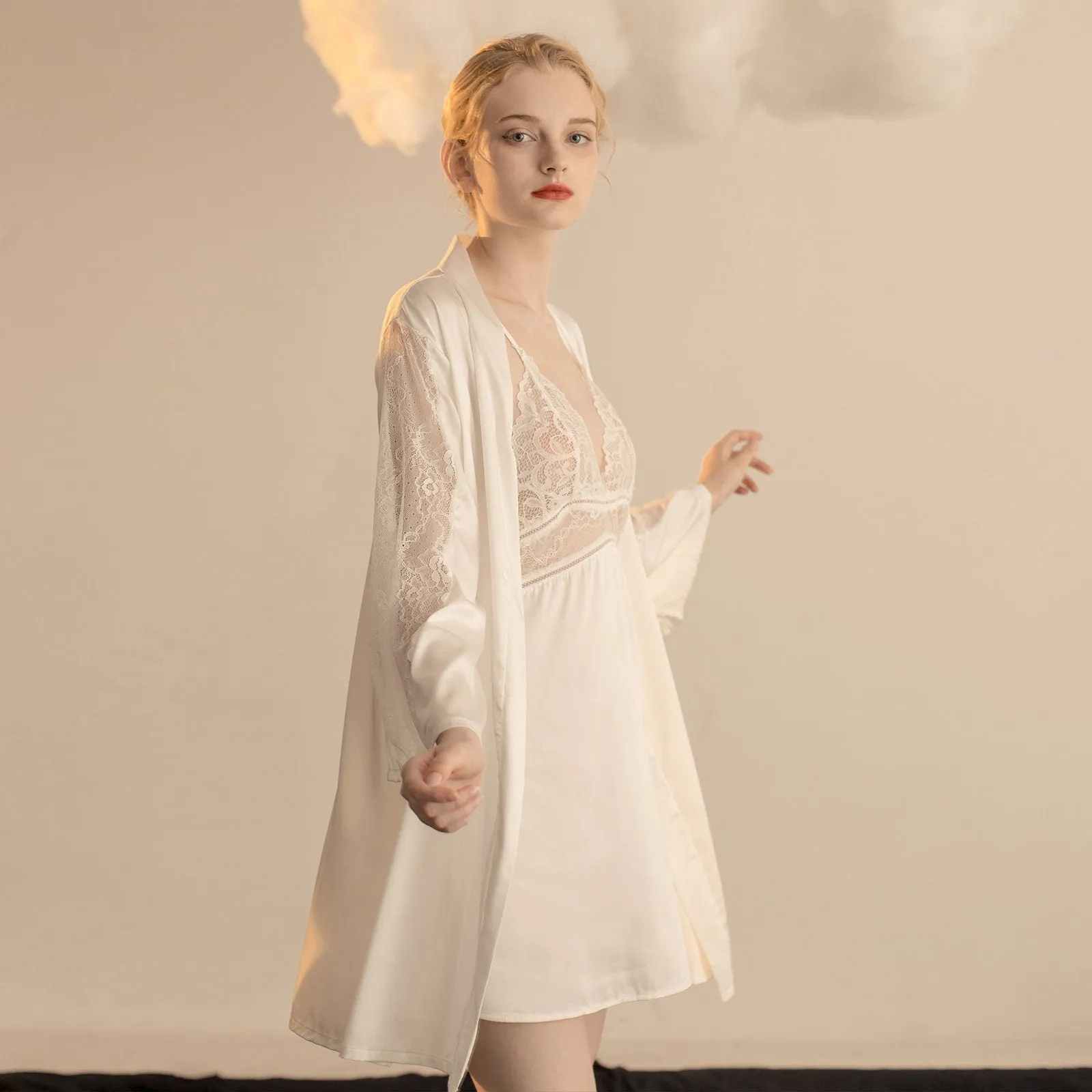 Luxurious Lace Satin Bridal Lingerie Set with Nightgown & Robe - 7 Colors