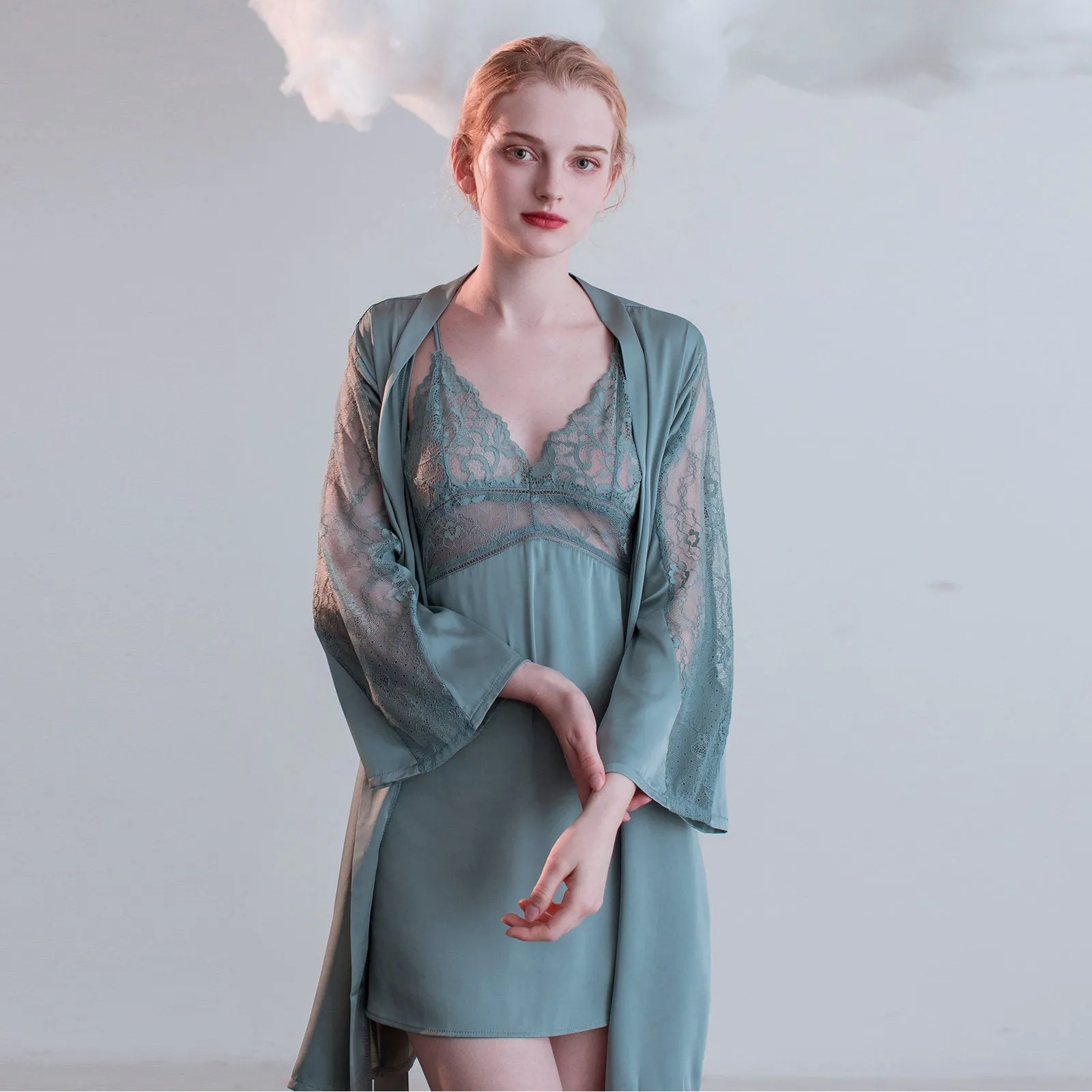 Luxurious Lace Satin Bridal Lingerie Set with Nightgown & Robe - 7 Colors