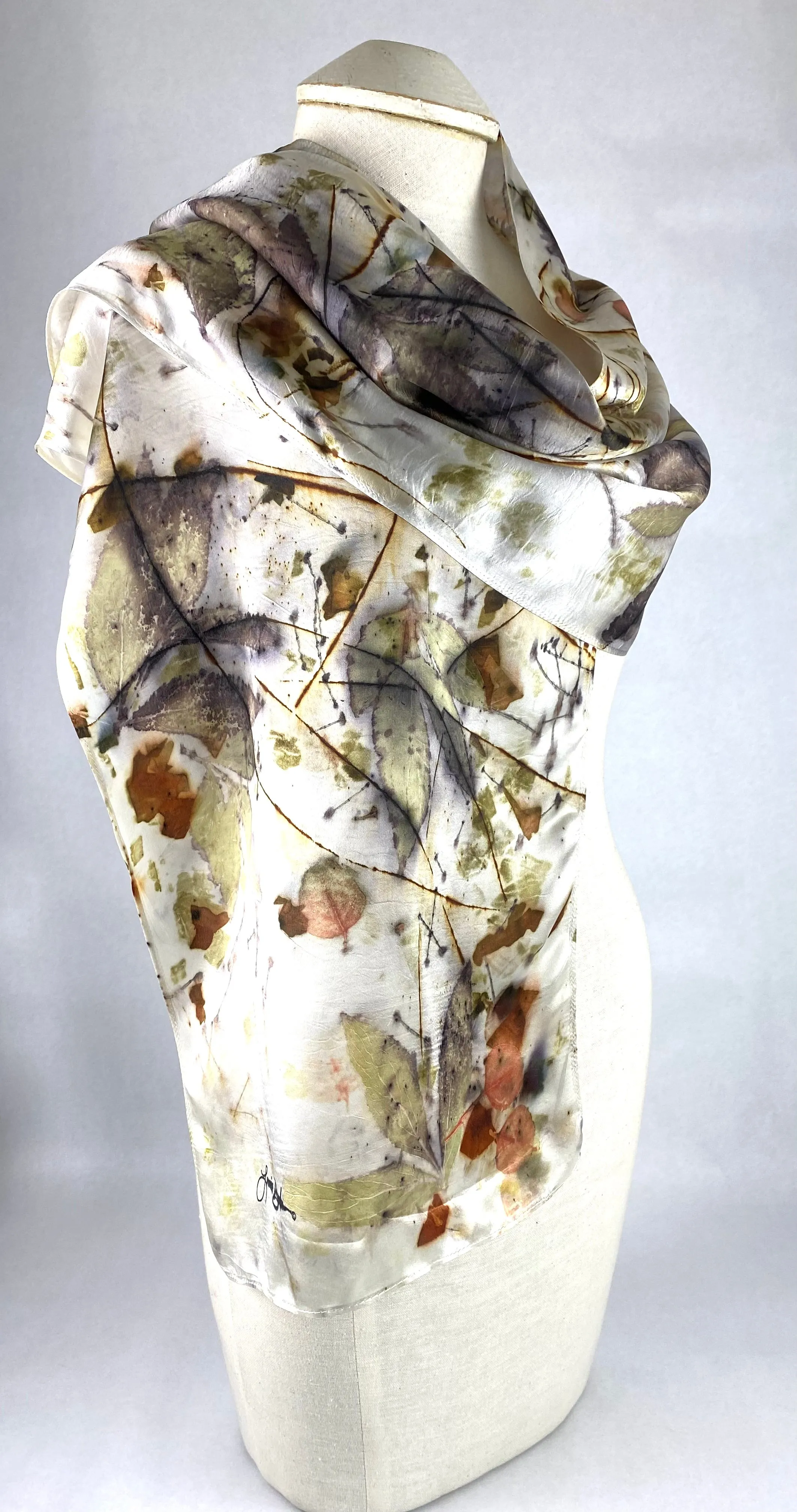 Luxurious textile art Eco printed white one of a kind silk satin woman’s fashion beautiful silk scarf
