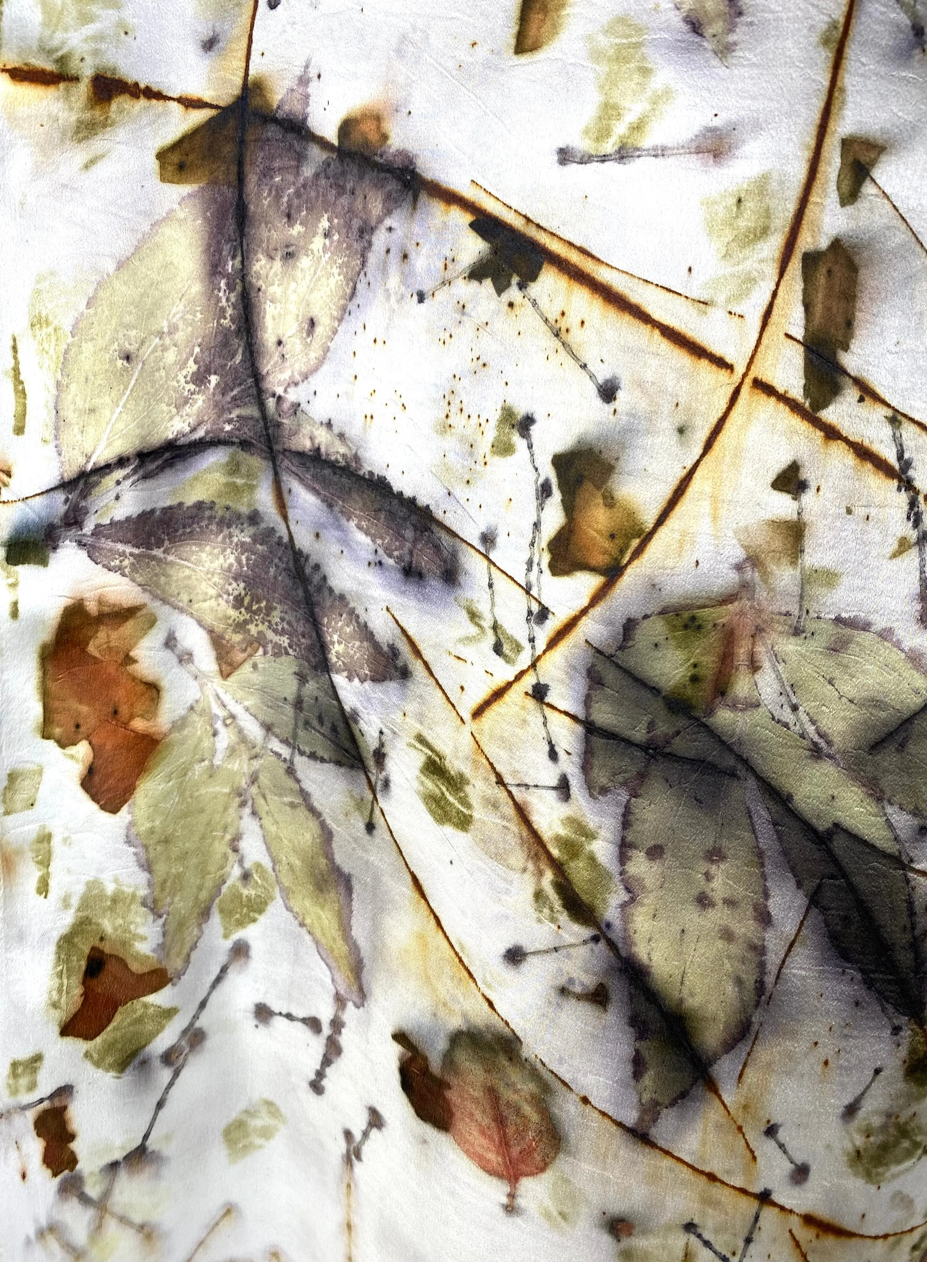 Luxurious textile art Eco printed white one of a kind silk satin woman’s fashion beautiful silk scarf
