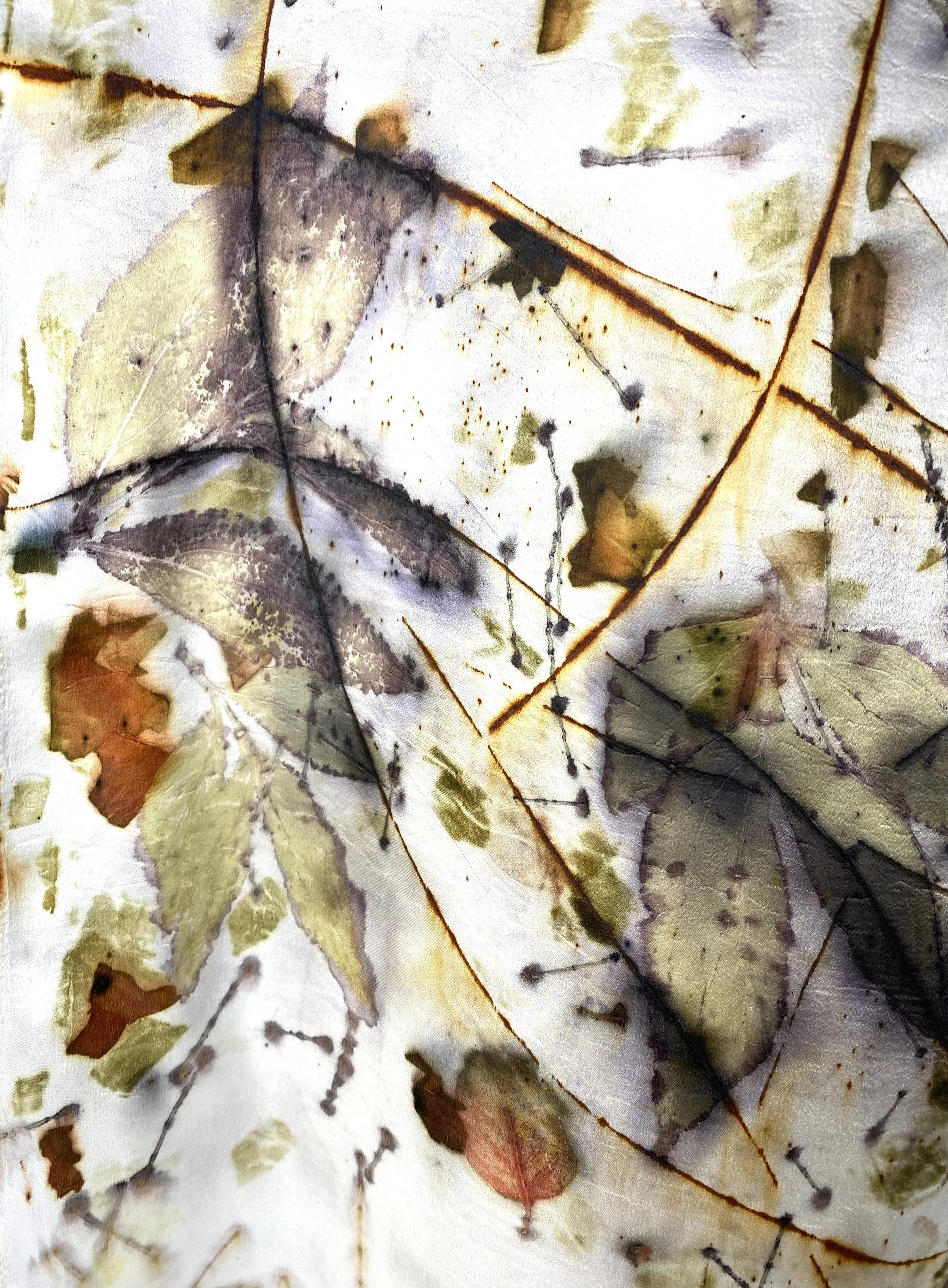 Luxurious textile art Eco printed white one of a kind silk satin woman’s fashion beautiful silk scarf