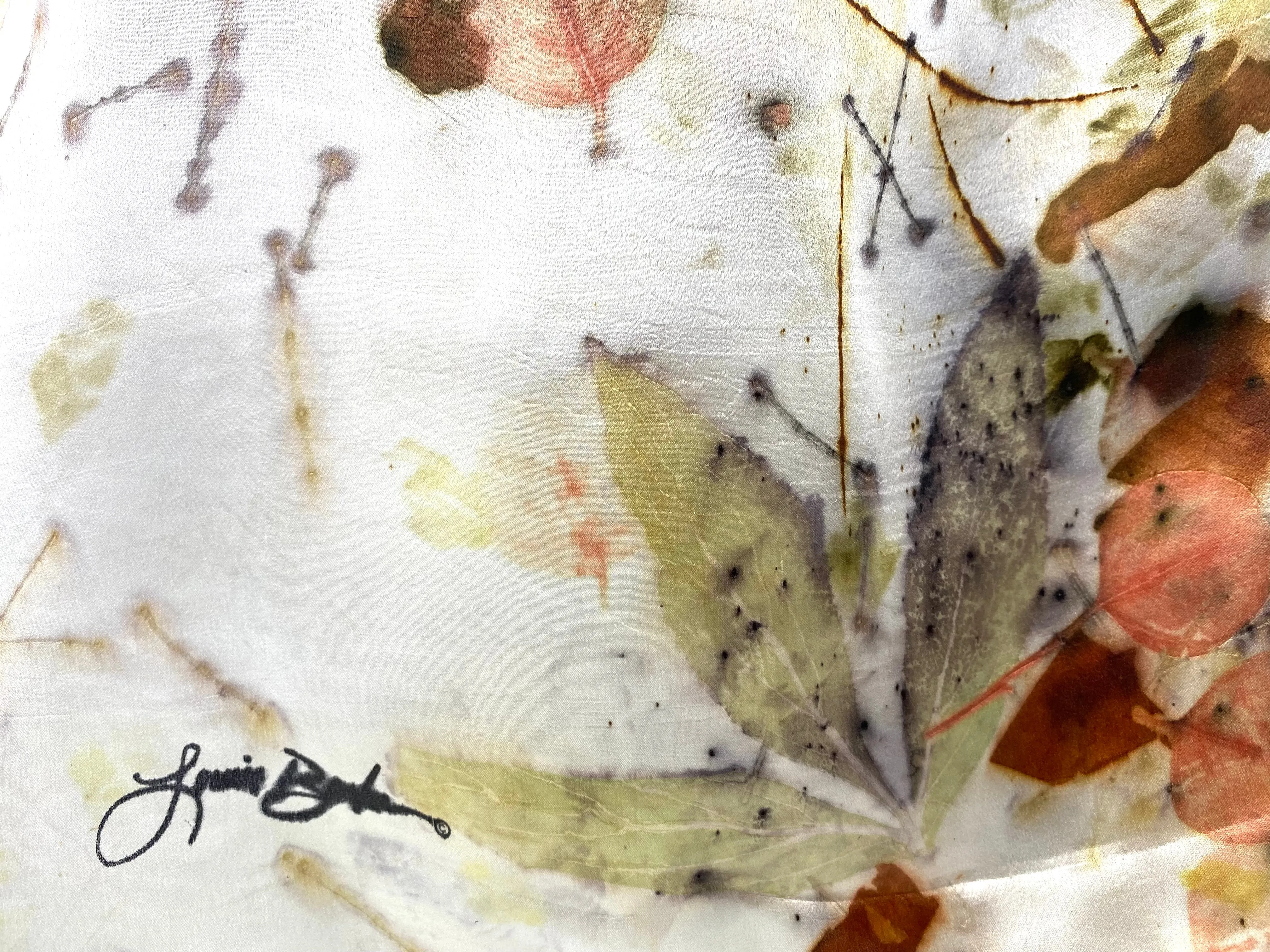 Luxurious textile art Eco printed white one of a kind silk satin woman’s fashion beautiful silk scarf