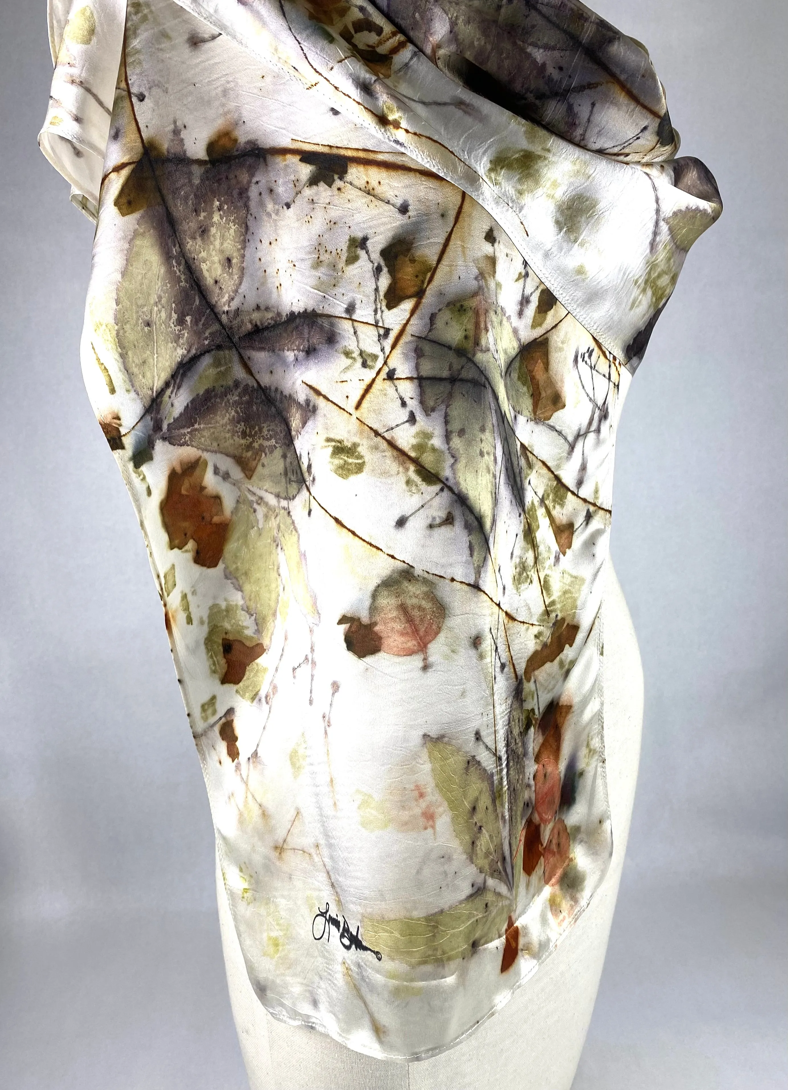 Luxurious textile art Eco printed white one of a kind silk satin woman’s fashion beautiful silk scarf
