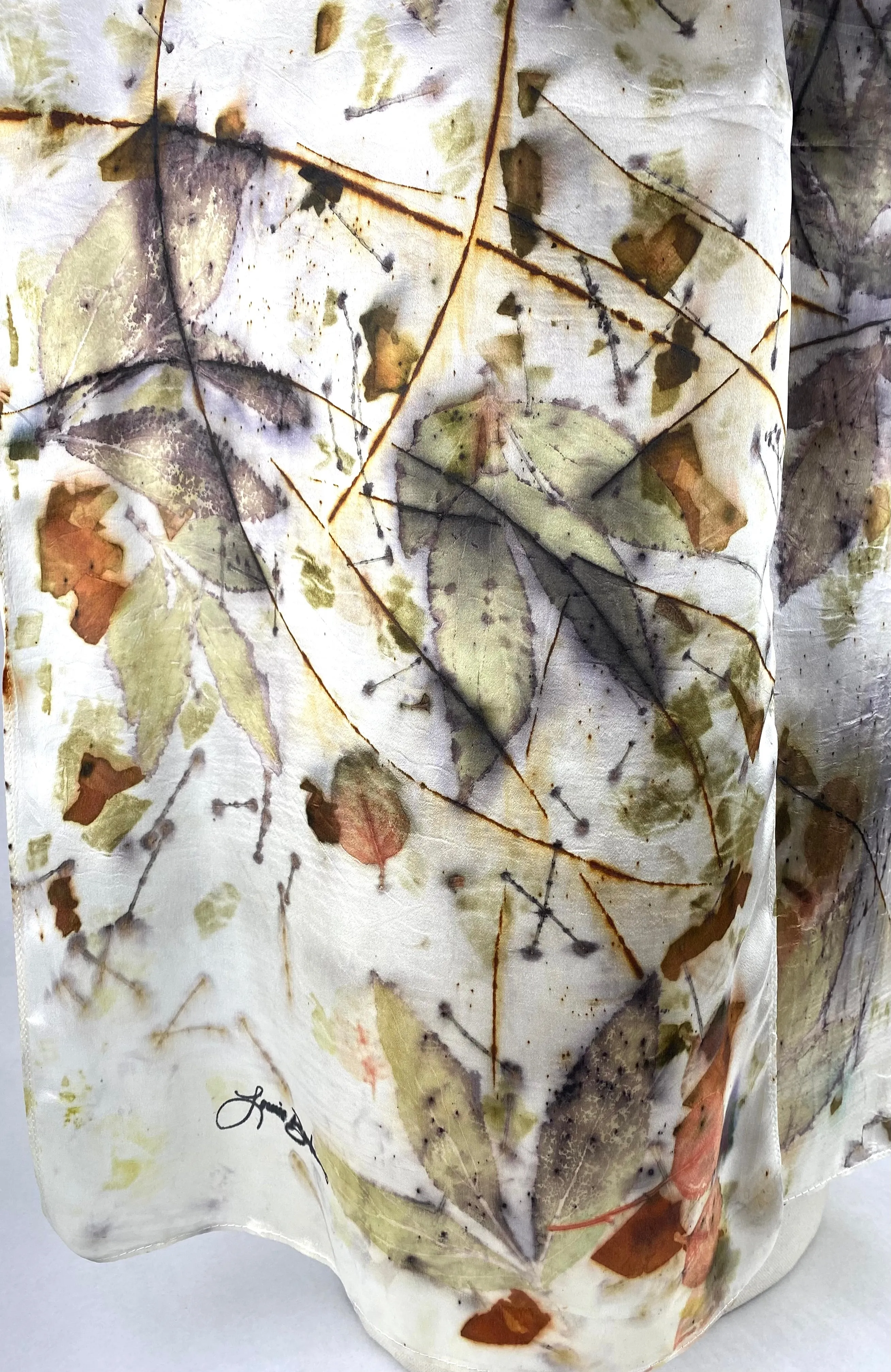 Luxurious textile art Eco printed white one of a kind silk satin woman’s fashion beautiful silk scarf