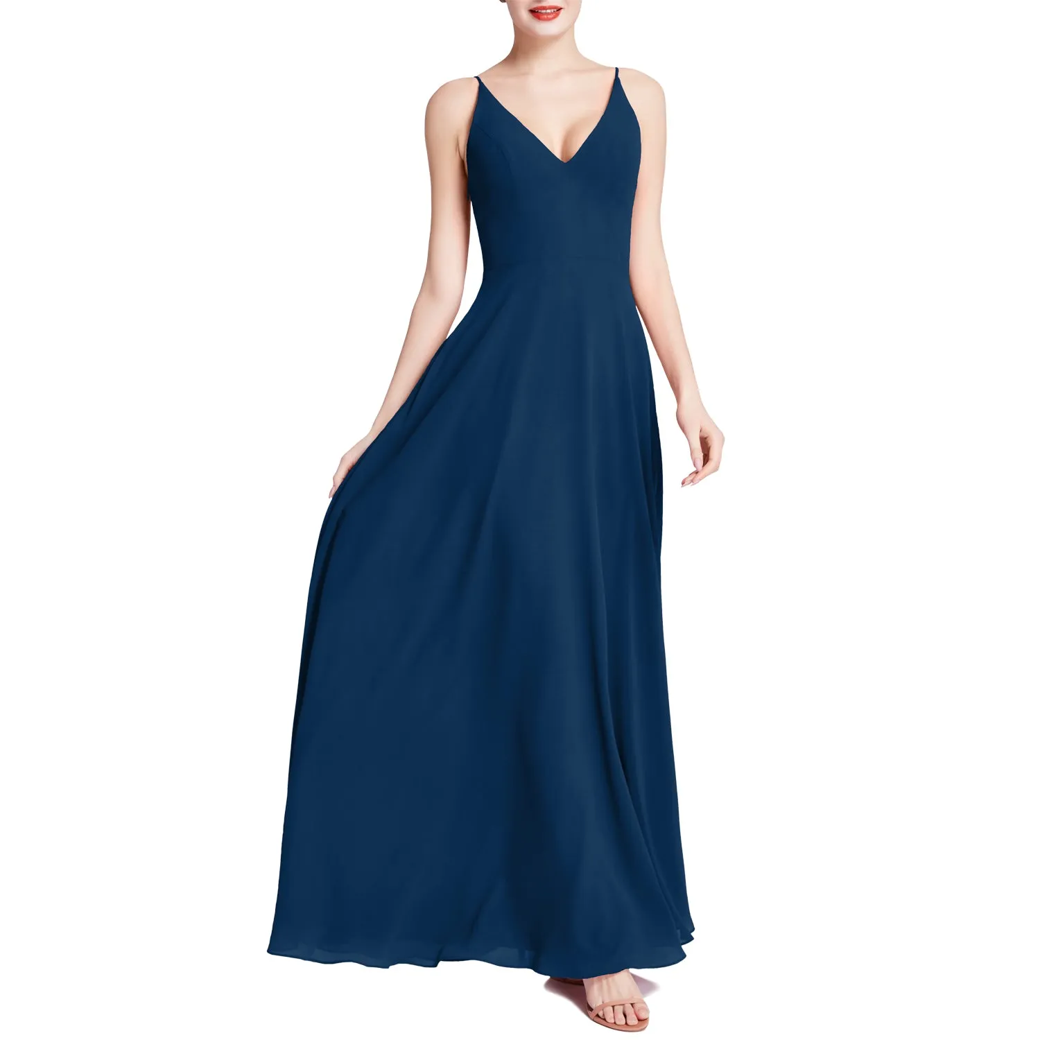MACloth Women V Neck Maxi Wedding Party Bridesmaid Dresses Evening Gown