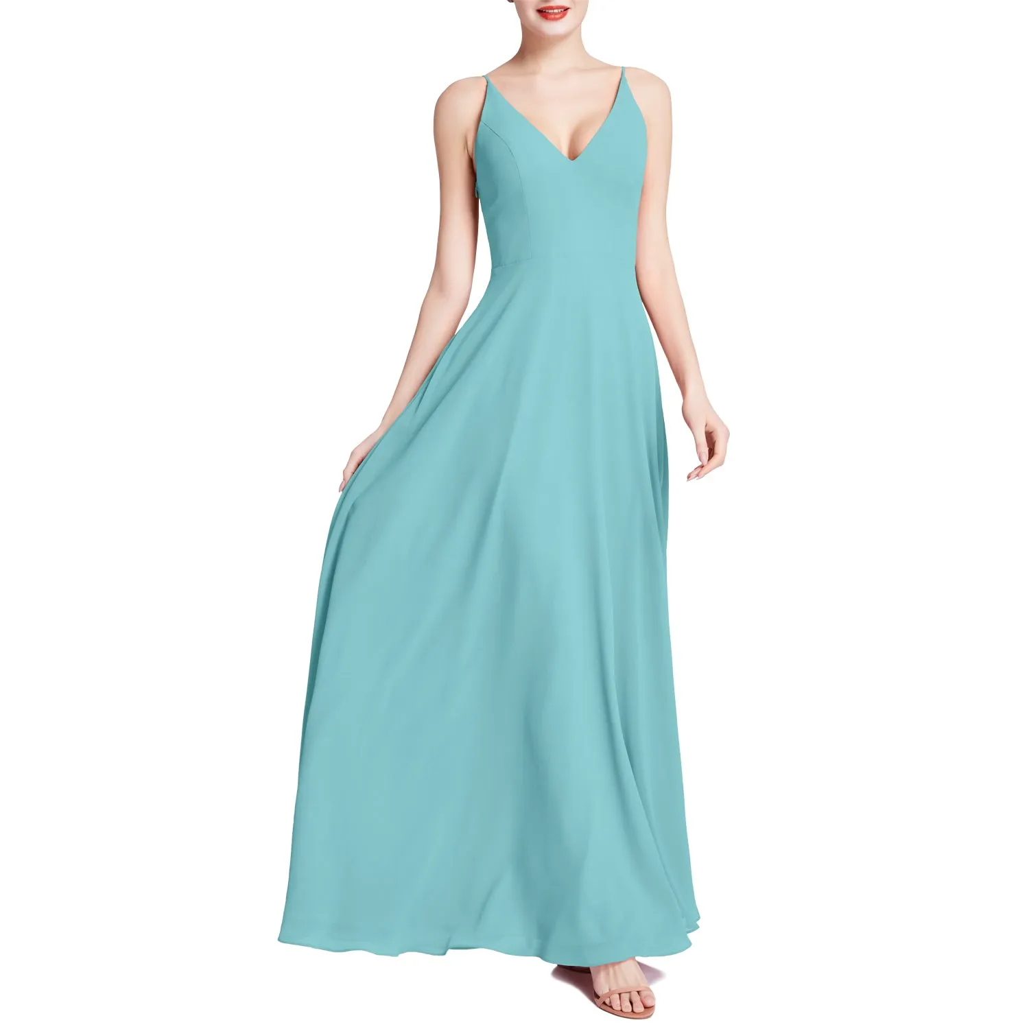 MACloth Women V Neck Maxi Wedding Party Bridesmaid Dresses Evening Gown