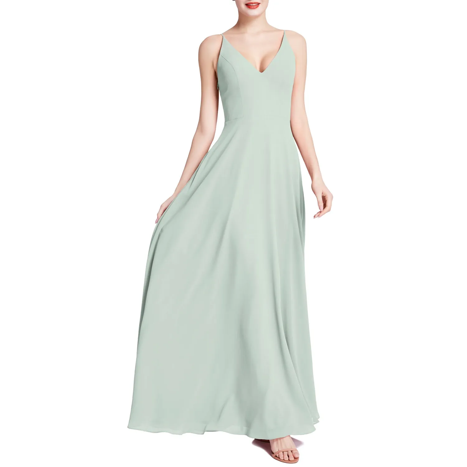 MACloth Women V Neck Maxi Wedding Party Bridesmaid Dresses Evening Gown