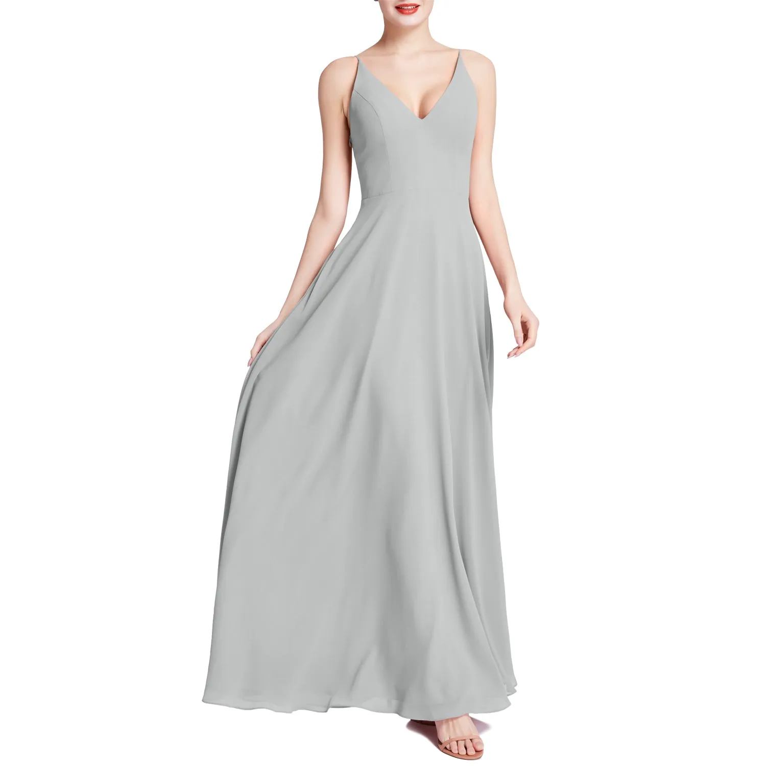 MACloth Women V Neck Maxi Wedding Party Bridesmaid Dresses Evening Gown
