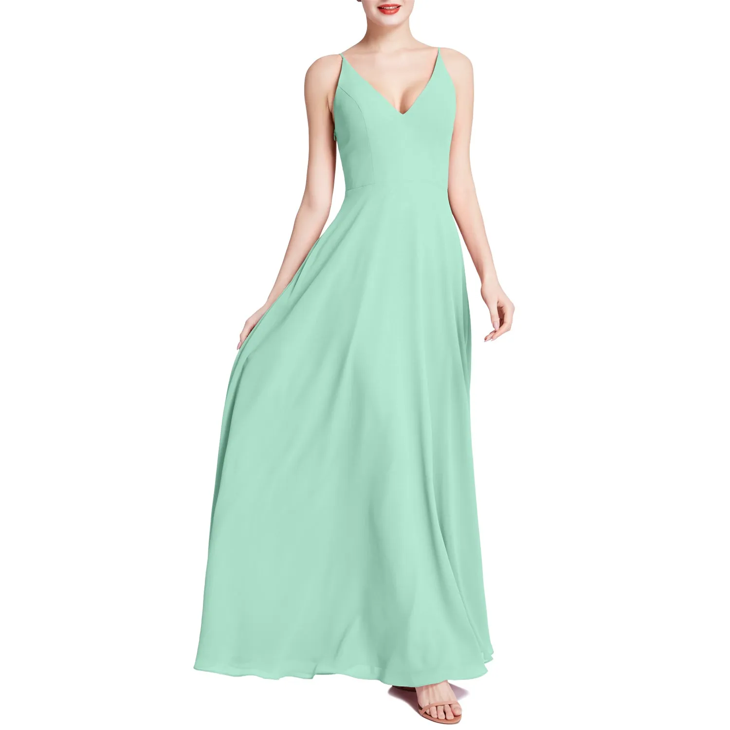 MACloth Women V Neck Maxi Wedding Party Bridesmaid Dresses Evening Gown