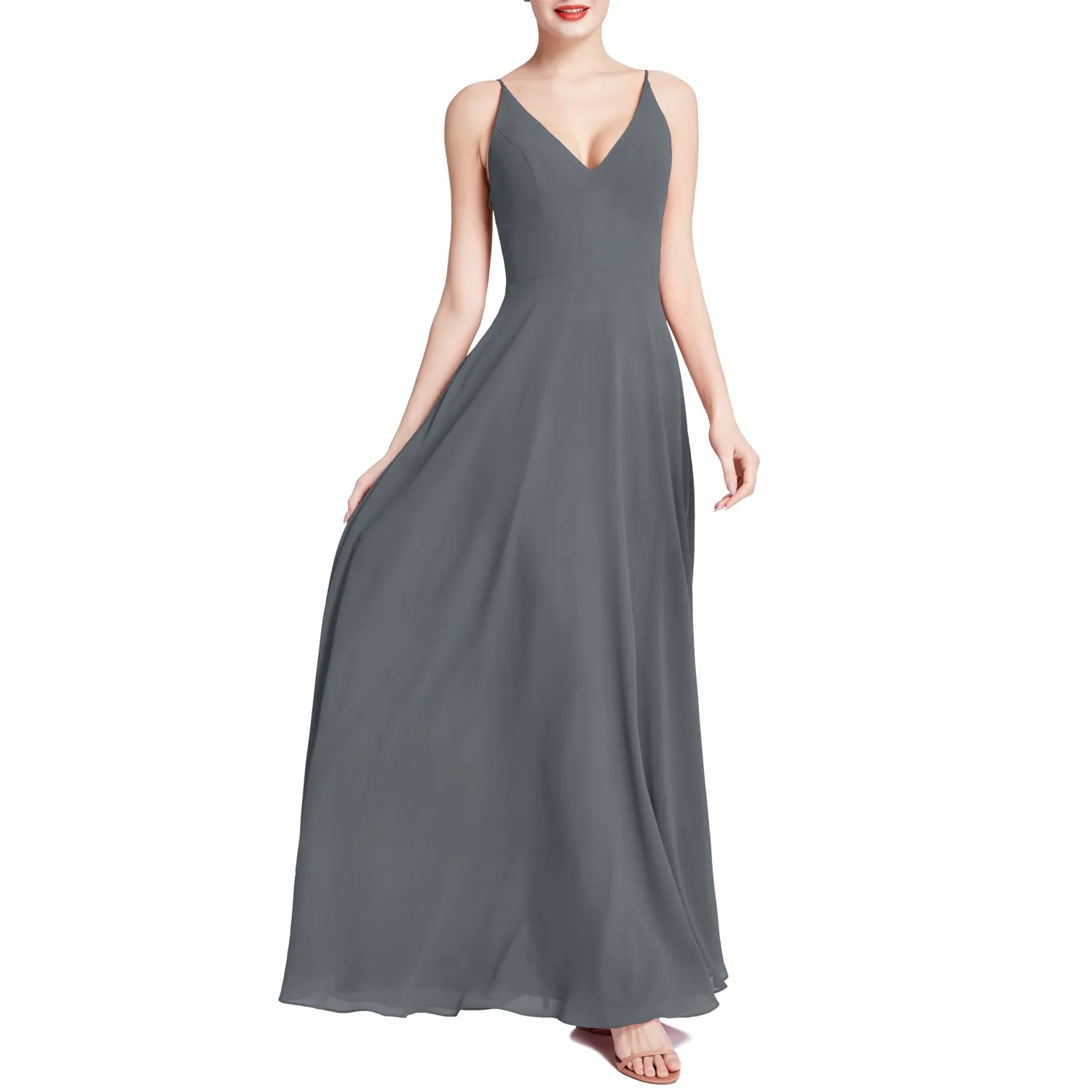 MACloth Women V Neck Maxi Wedding Party Bridesmaid Dresses Evening Gown