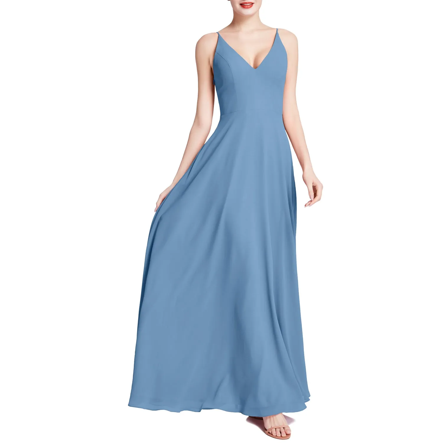 MACloth Women V Neck Maxi Wedding Party Bridesmaid Dresses Evening Gown
