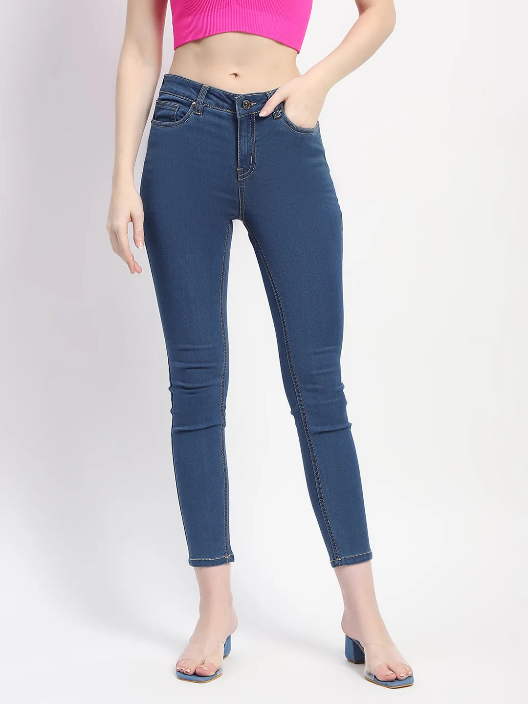 Madame Cotton Skinny Fit Solid Navy Blue Jeans