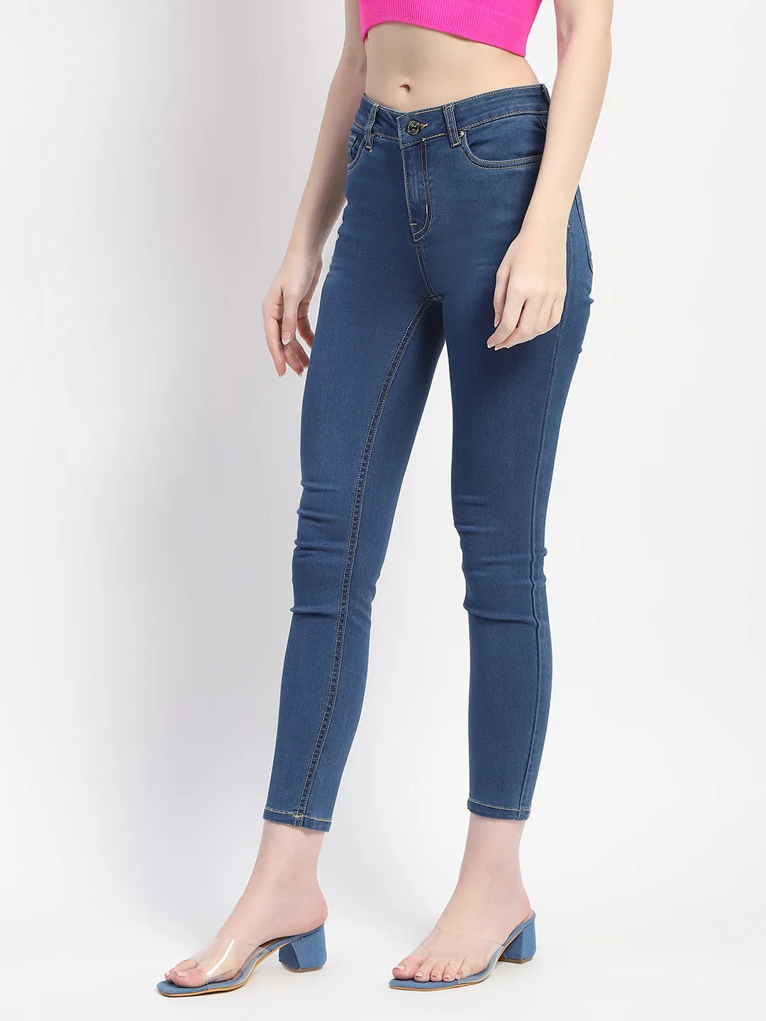 Madame Cotton Skinny Fit Solid Navy Blue Jeans