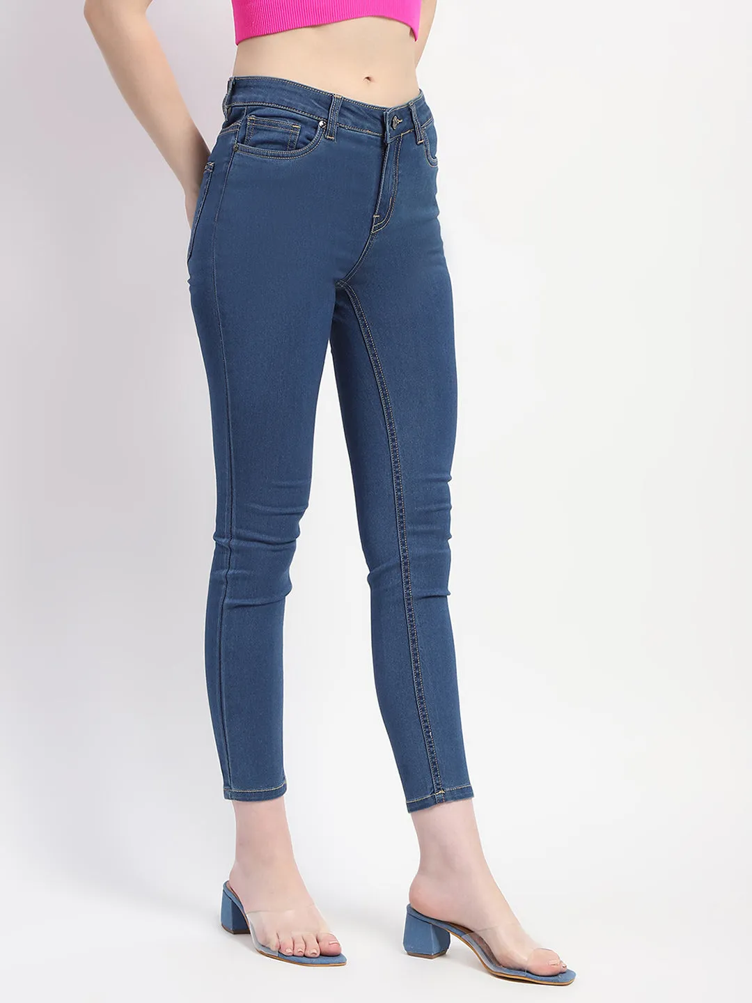 Madame Cotton Skinny Fit Solid Navy Blue Jeans