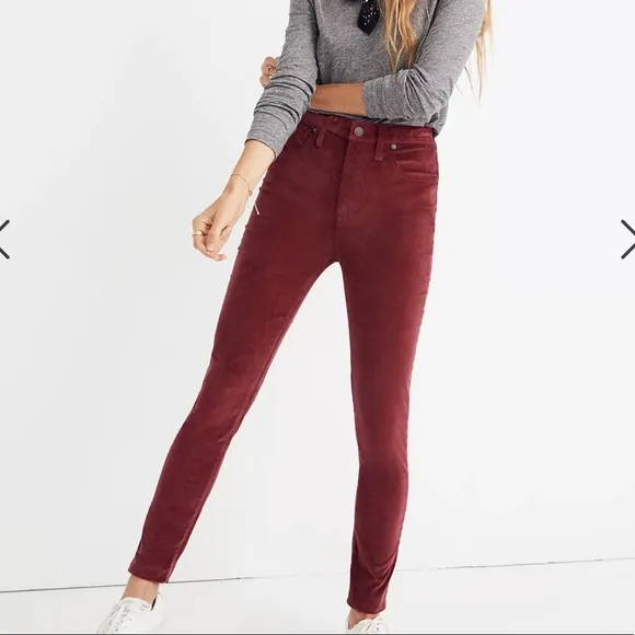Madewell 10&quot; High-Rise Skinny Jeans Strech Velvet Burgundy Sz 36 P Plus Size NWT