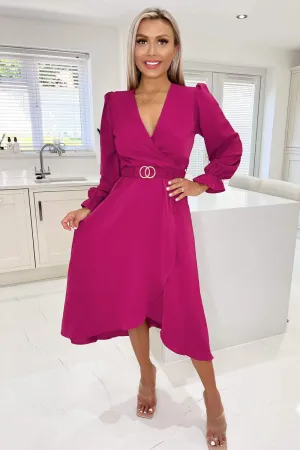 Magenta Long Sleeve Belted Midi Dress