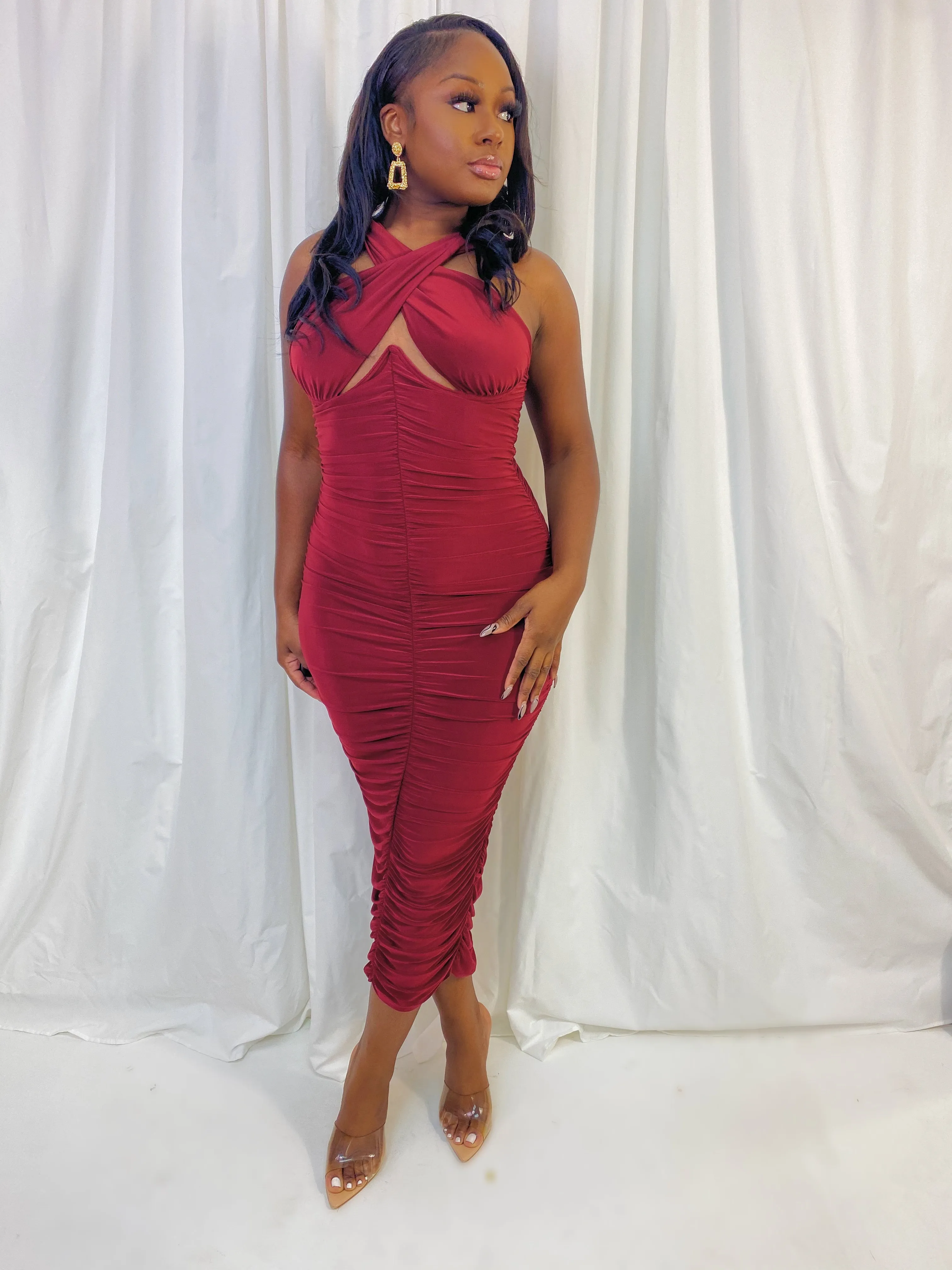 MAIN ATTRACTION RUCHED MIDI DRESS (FINAL SALE)