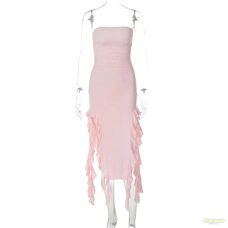 Maramalive™ Elegant Strapless Sexy Maxi Dress Womens Irregular Tassel 2024 Summer Trend Skinny Split Bodycon Birthday Party Clubwear Dresses