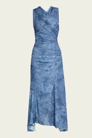Marl Mesh Ruched Crossover Long Dress in Denim