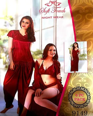 Maroon Honeymoon And Wedding Nighty Sets  - 6 Pcs Set - 9149