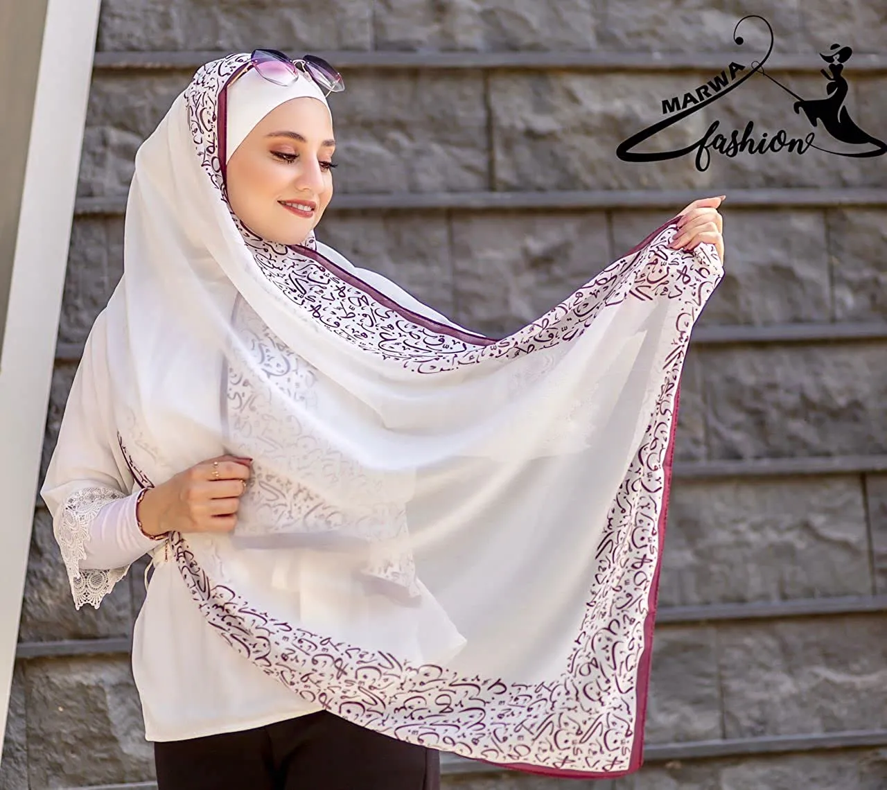 Marwa Fashion Muslim Hijab for Women - Premium Quality Hijab Scarves for Women Made up of Crepe with Arabic Writing - Sweat Absorbent and can be Used on Every Occasion Burgundy