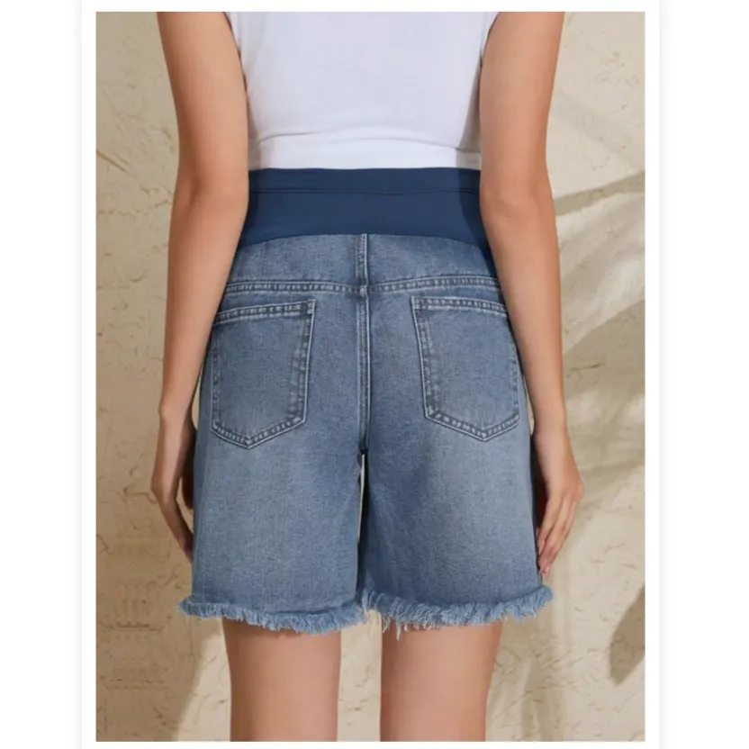 Maternity Adjustable Waist Ripped Washed Denim Shorts