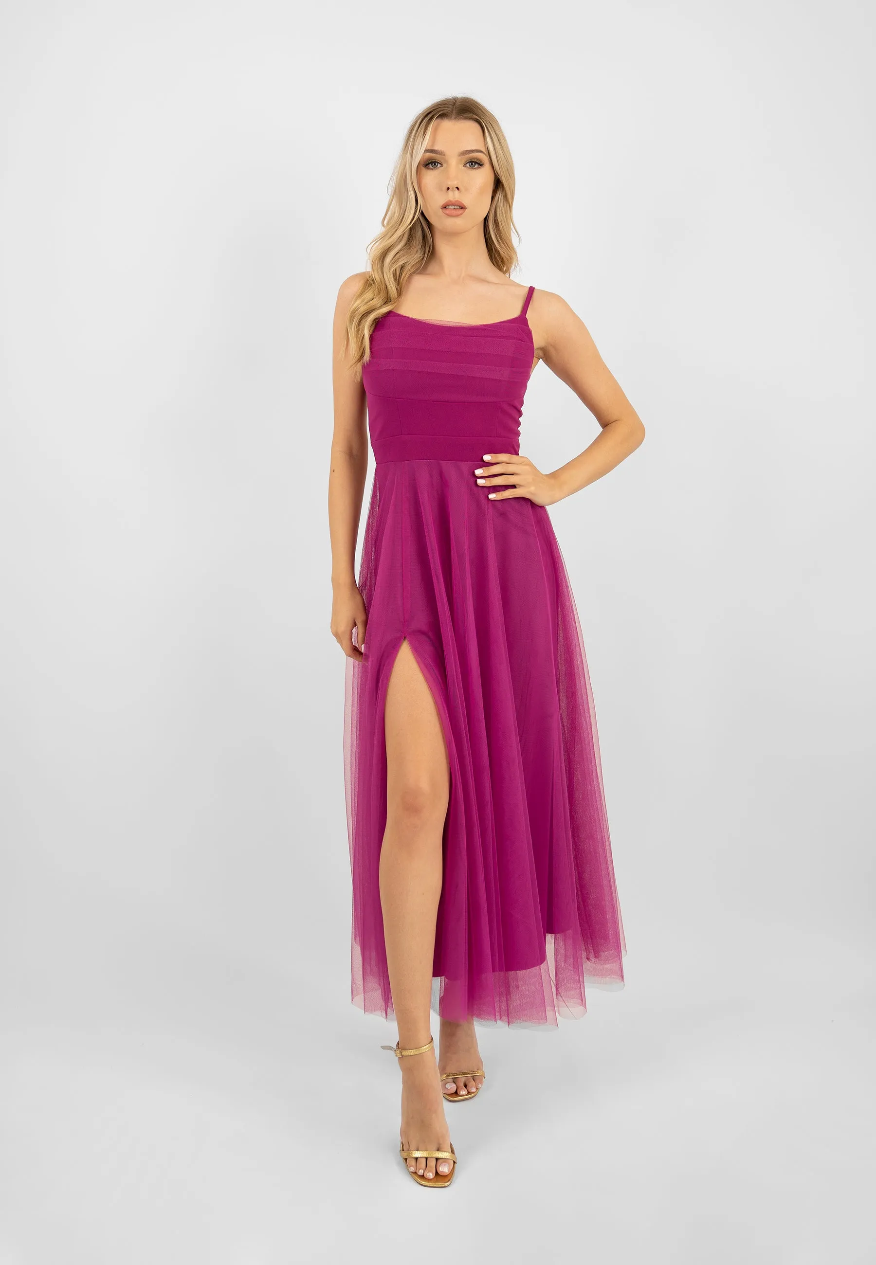 Mauve Mesh Midi Dress with Slit