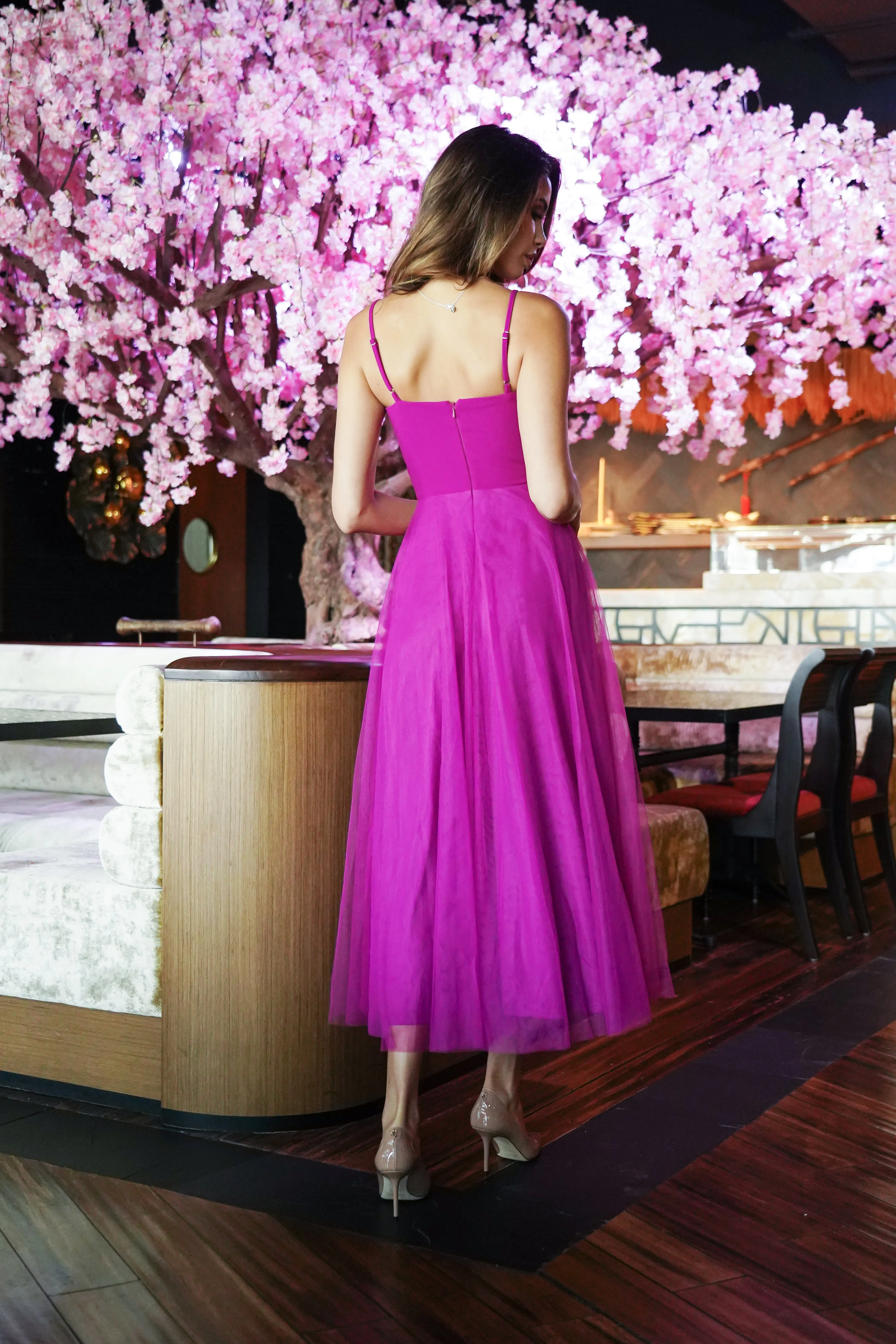 Mauve Mesh Midi Dress with Slit