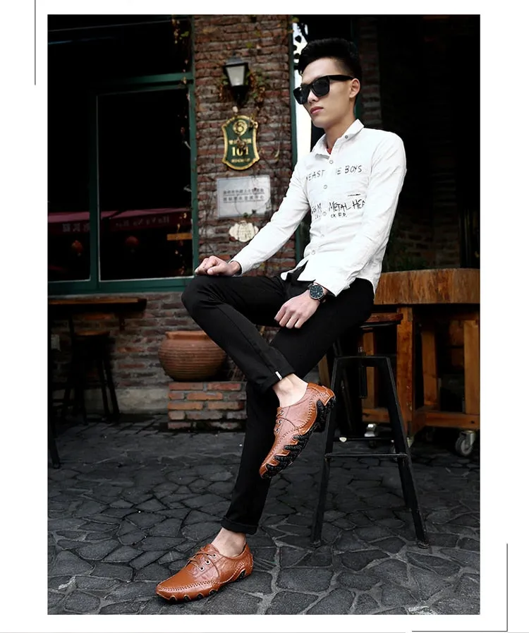 Men Cow Leather Breathable Lace-up Casual Shoes