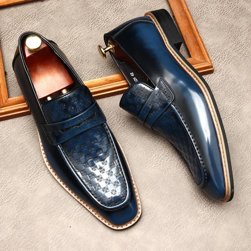 Men Loafers Cow Leather Blue Dress Shoes