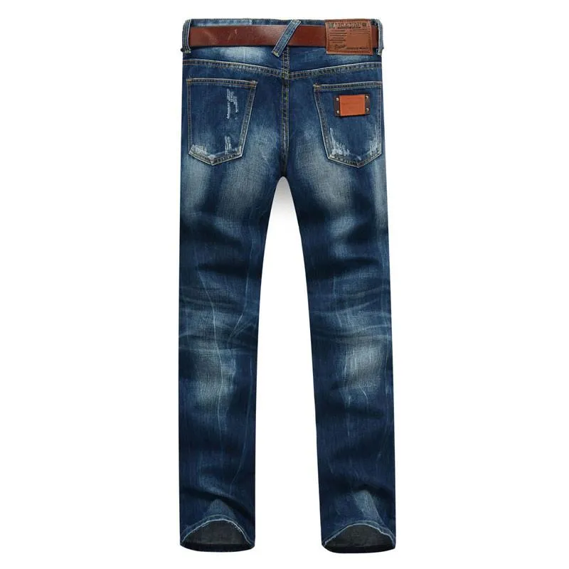 Men's Dark Blue Straight Jeans With Small Rips