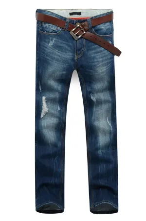 Men's Dark Blue Straight Jeans With Small Rips