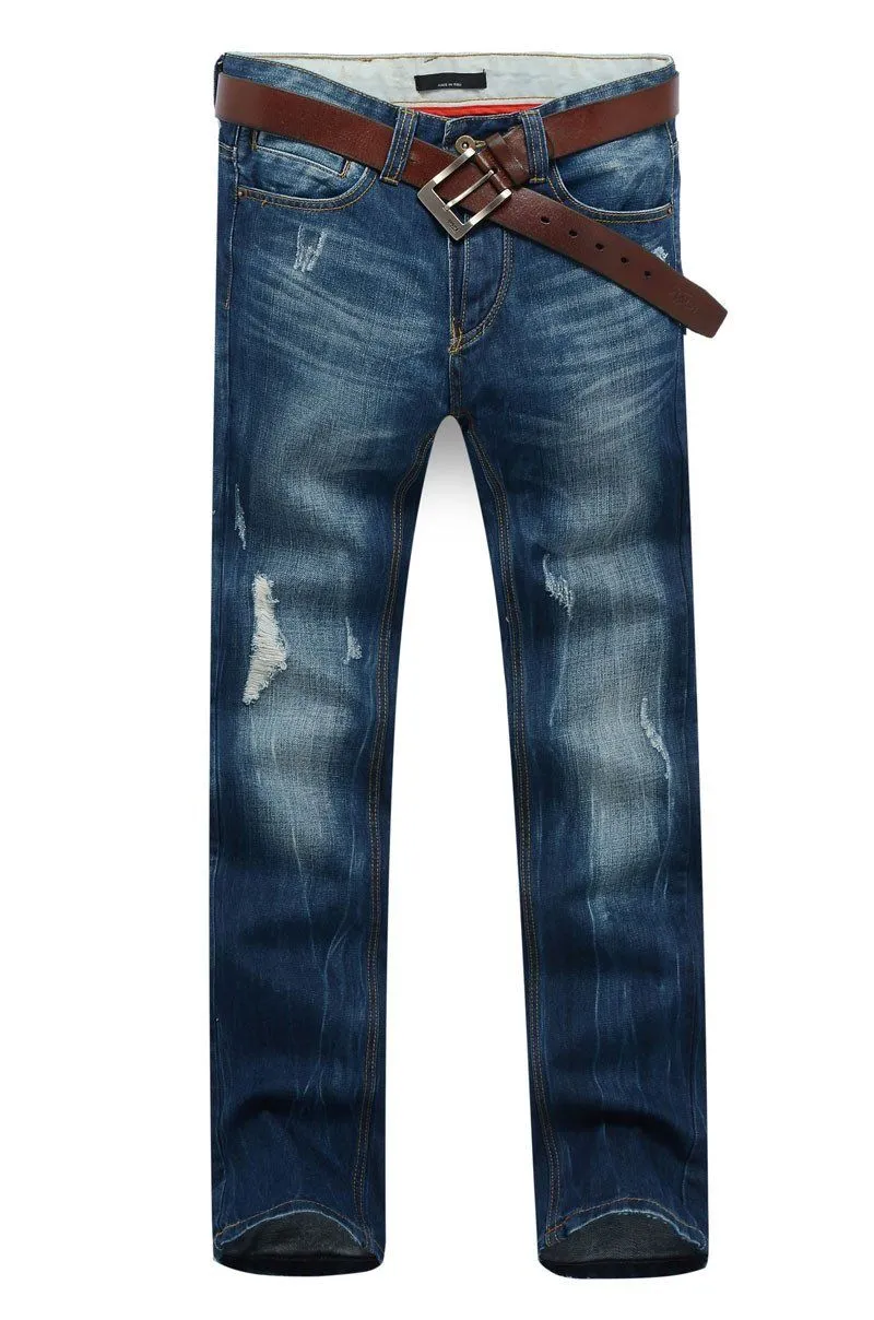 Men's Dark Blue Straight Jeans With Small Rips