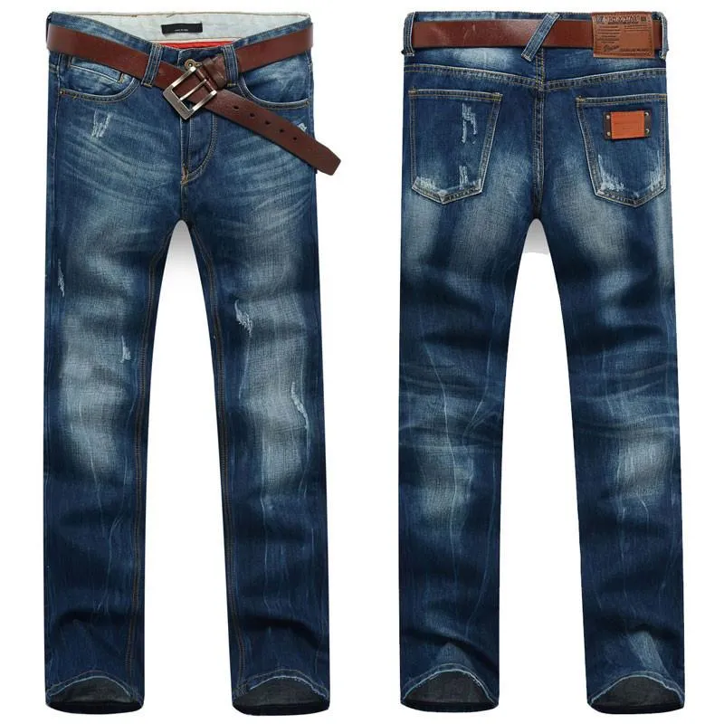 Men's Dark Blue Straight Jeans With Small Rips