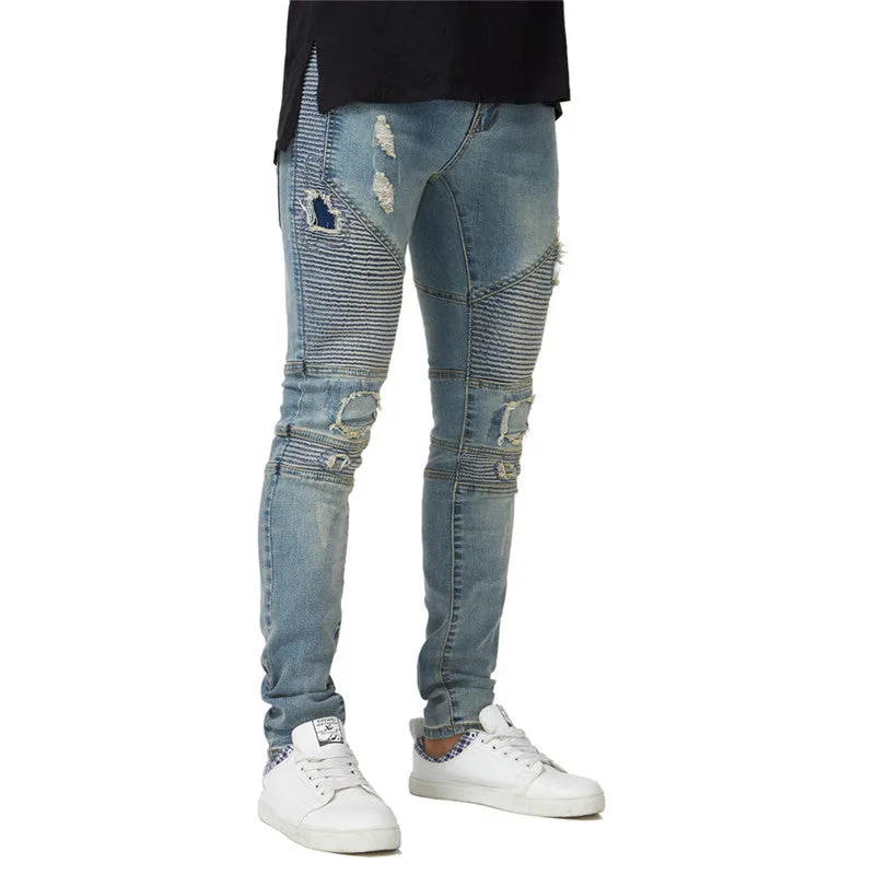 Men's Ripped Patch Jeans Basic Pleated Jeans Mid Waist Straight Pants