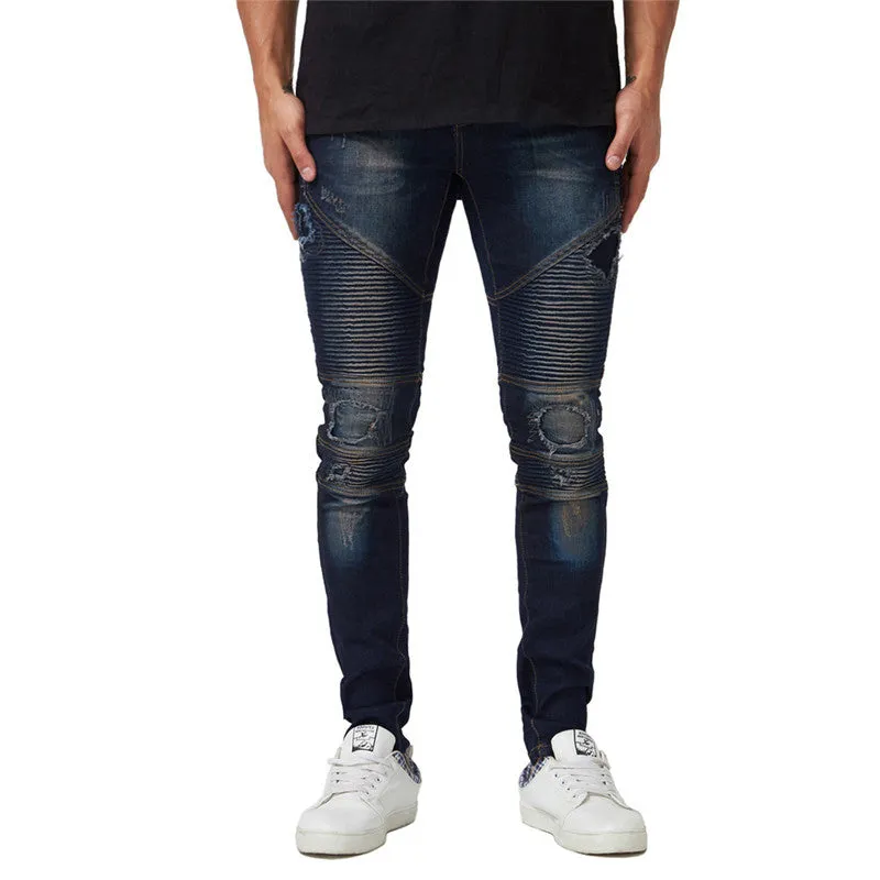 Men's Ripped Patch Jeans Basic Pleated Jeans Mid Waist Straight Pants