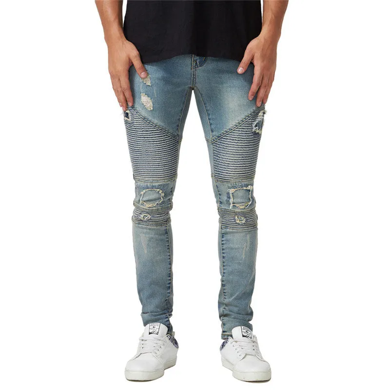 Men's Ripped Patch Jeans Basic Pleated Jeans Mid Waist Straight Pants