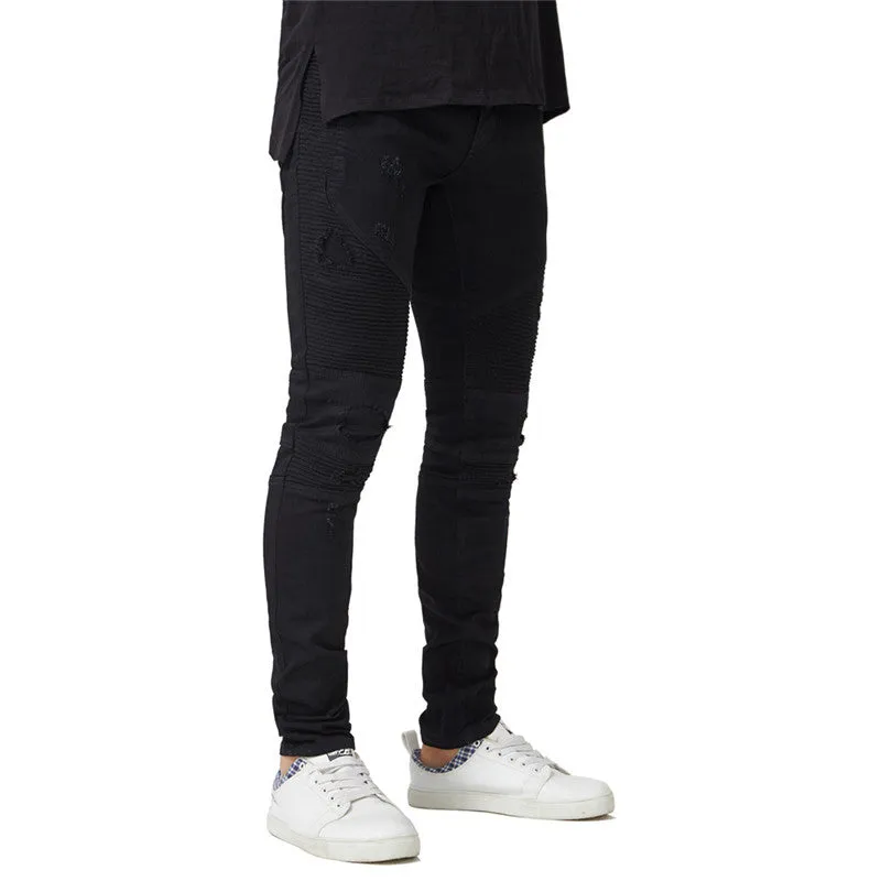 Men's Ripped Patch Jeans Basic Pleated Jeans Mid Waist Straight Pants