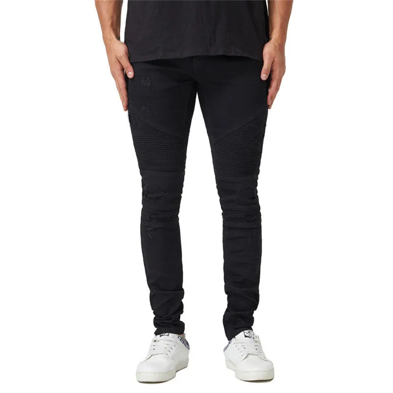 Men's Ripped Patch Jeans Basic Pleated Jeans Mid Waist Straight Pants