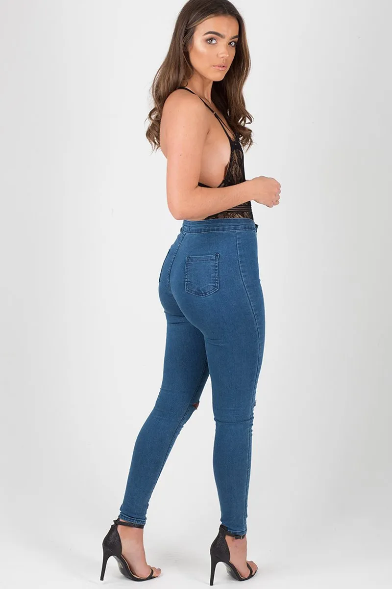 Mid Blue High Waisted Ripped Knee Skinny Jeans - Amara