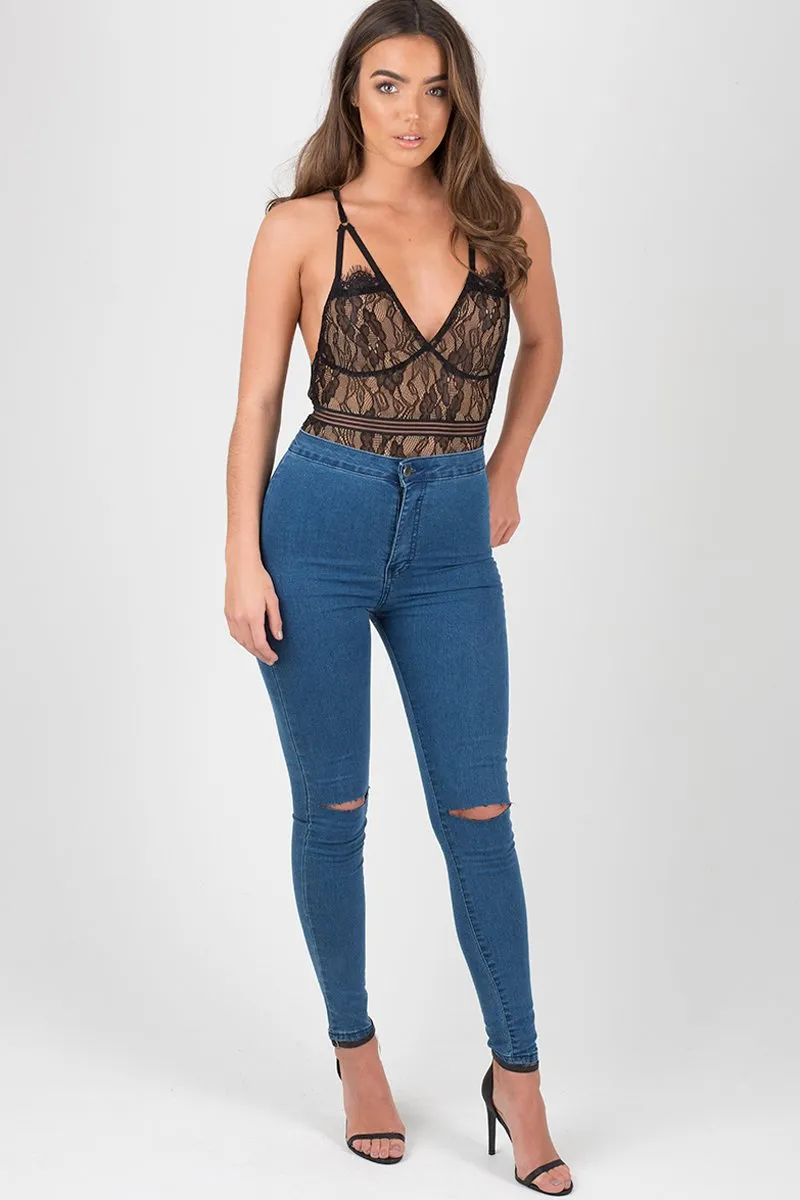 Mid Blue High Waisted Ripped Knee Skinny Jeans - Amara