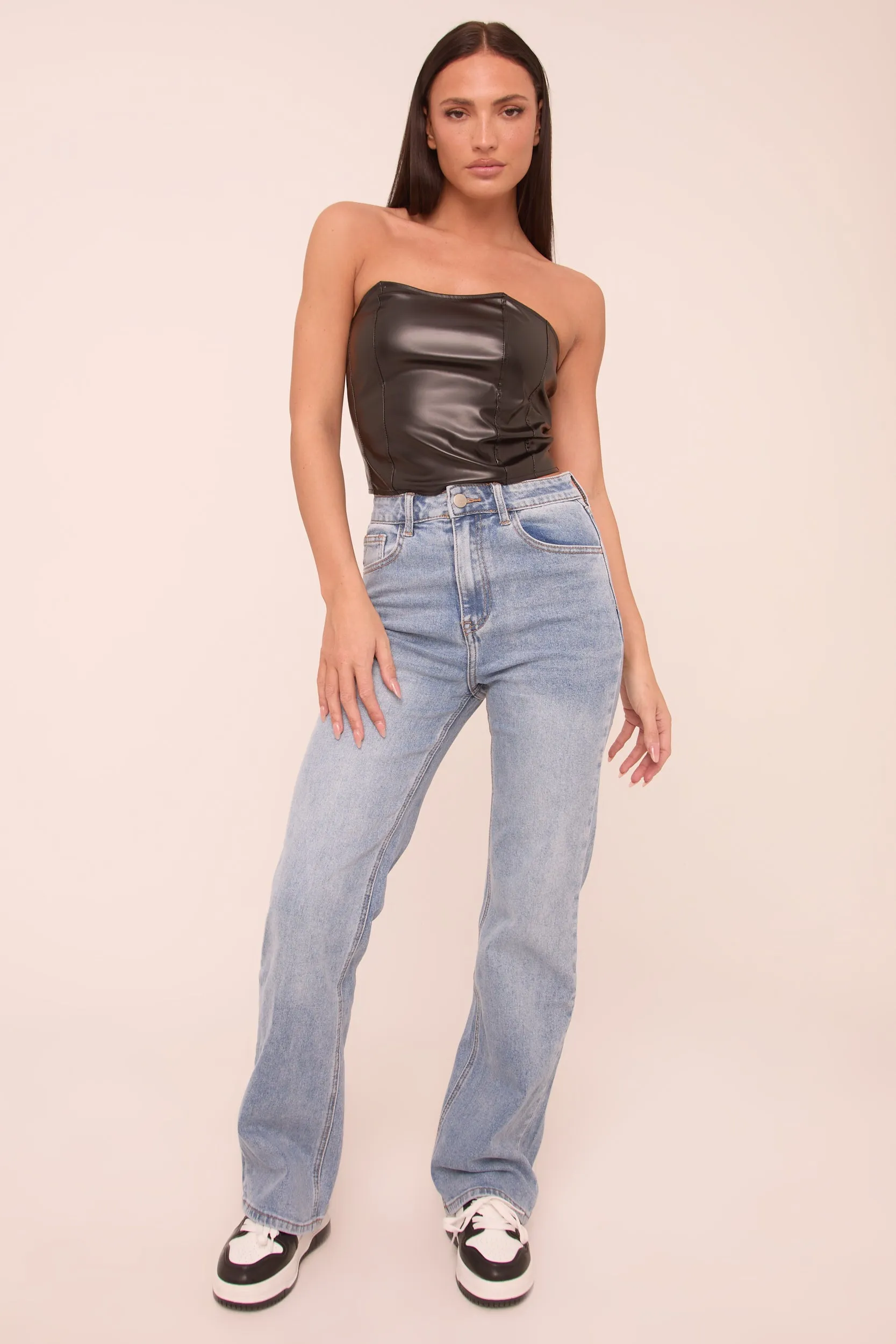 Mid Blue Stretch Mid Waist Straight Leg Denim Jeans - Phoenix
